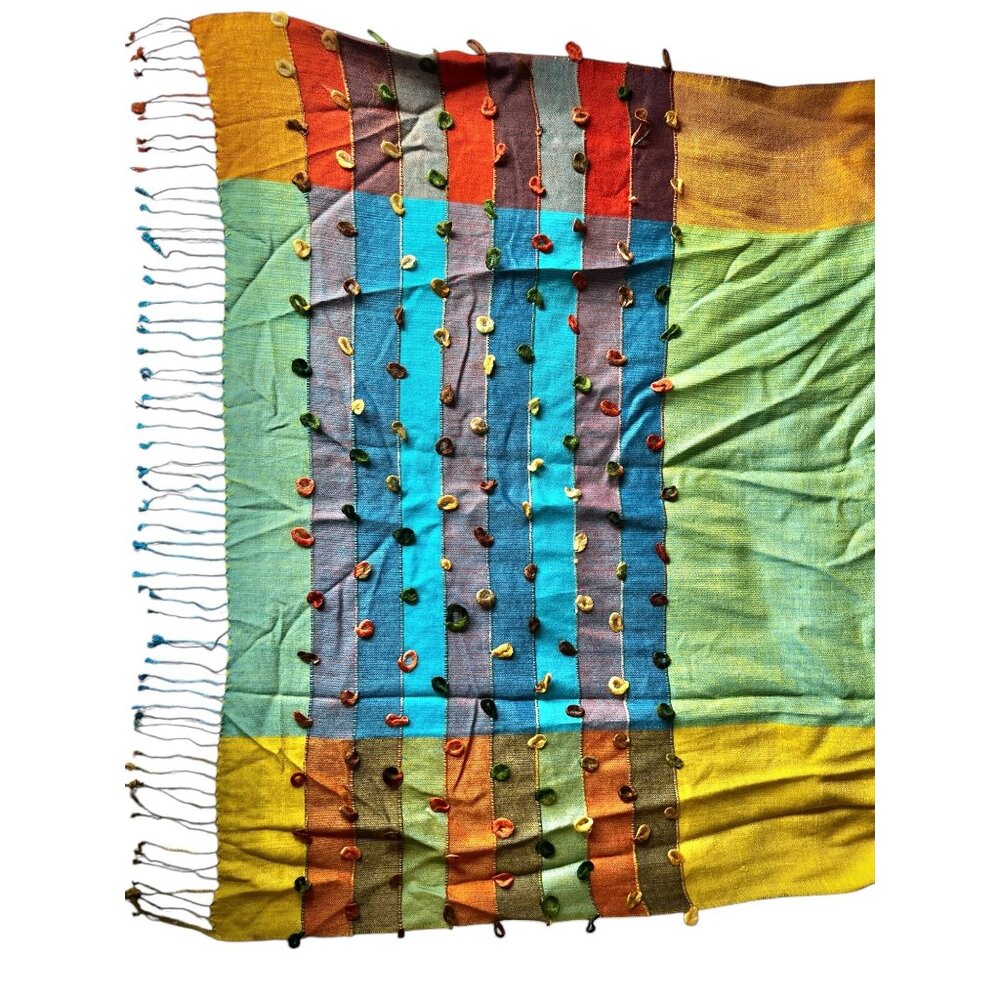 Multicolor Handwoven Cotton Scarf With Embellished Loops & Tassels - Picture 2 of 10